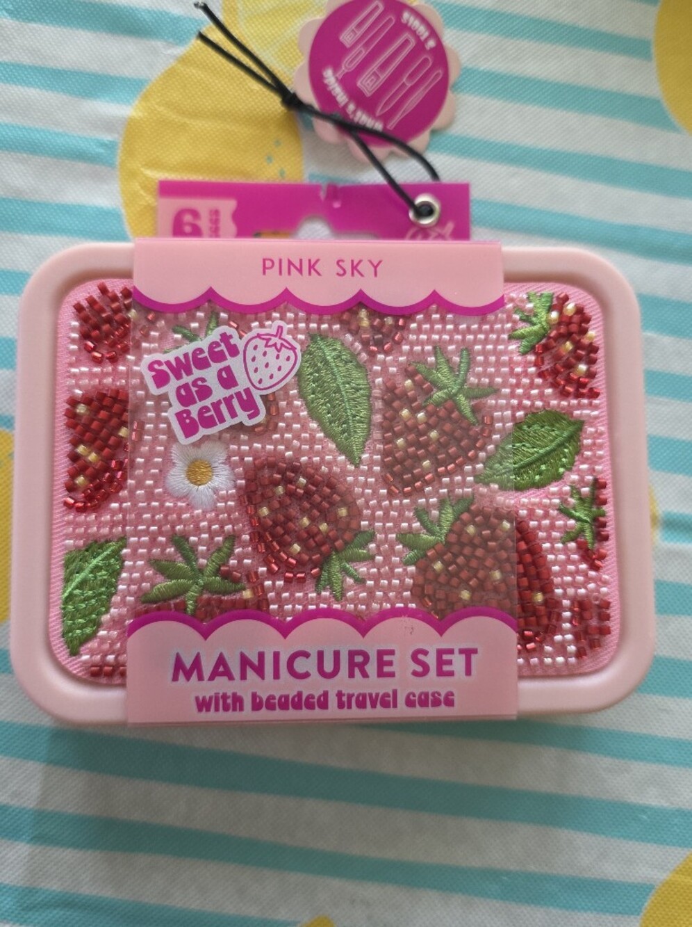 Beaded-Pink Sky- Sweet as a Berry Pink Manicure Set with Beaded Travel Case